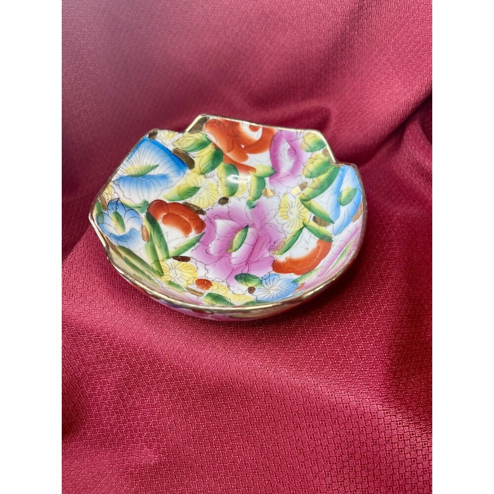 Chinese Decorative Porcelain Hand Painted Pink Floral Bowl /Gold Trim 6" X 2.5"